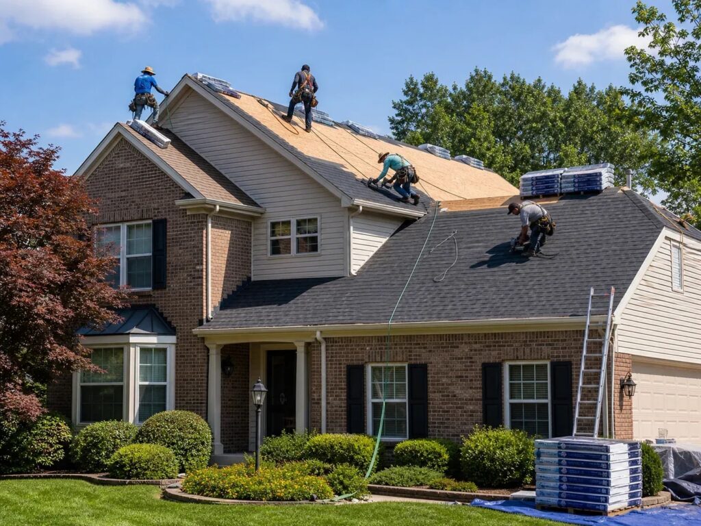 Roofing crew installing new asphalt shingles on a two-story brick home in Fort Wayne