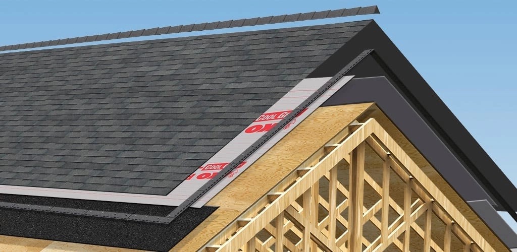 Cutaway of a roof replacement showing trusses, plywood decking, underlayment, drip edge, and asphalt shingles